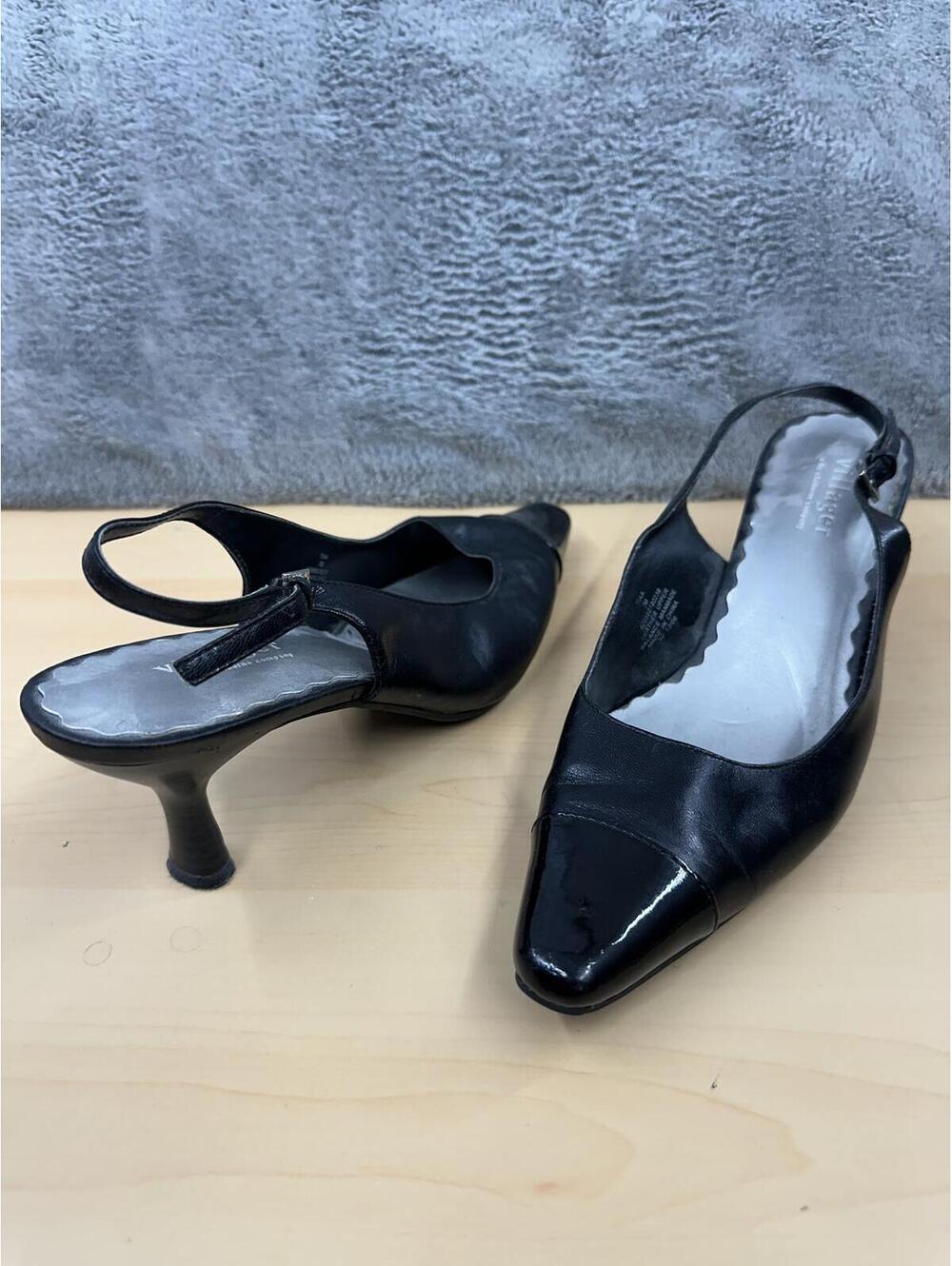 Villager Black Leather Slingback Kitten Heel Pumps Y2K Pointed Toe Formal Shoes